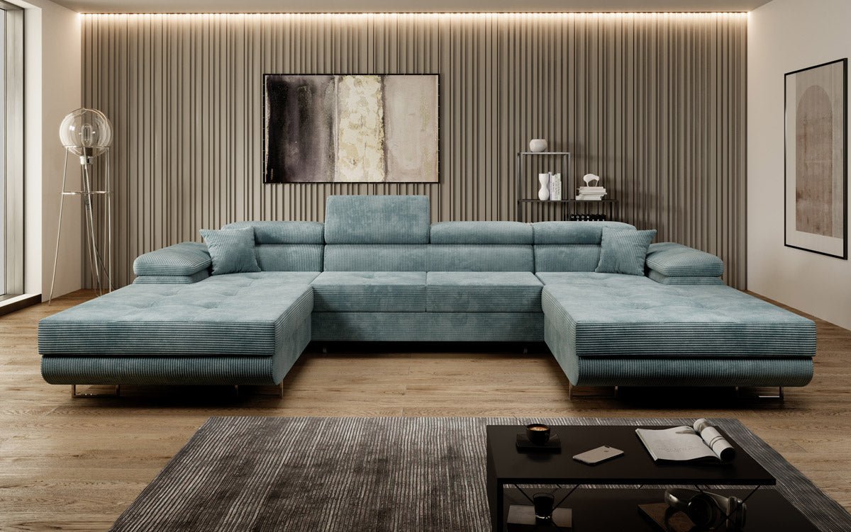 Designer Sofa Calvera U mit Schlaf- und Klappfunktion in Cord