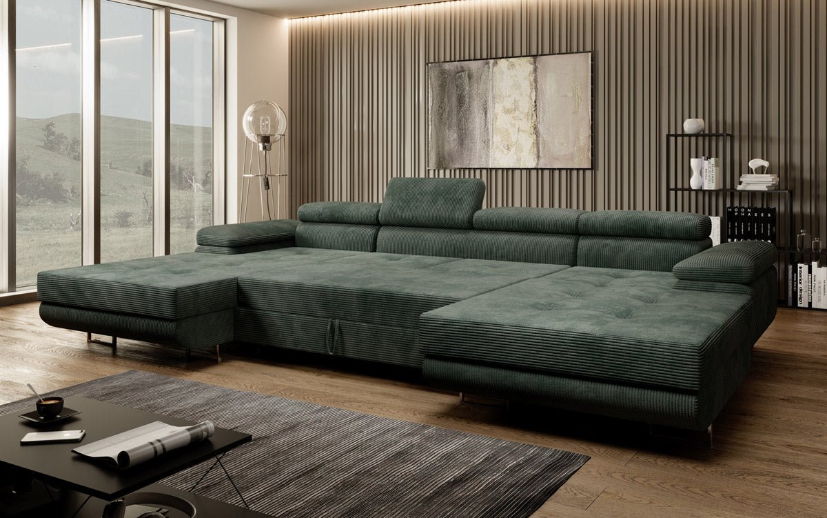 Designer Sofa Calvera U mit Schlaf- und Klappfunktion in Cord