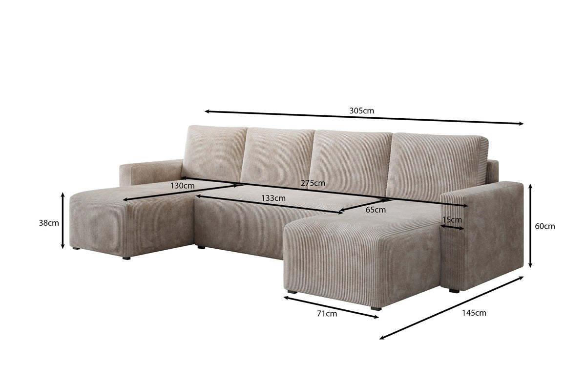Designer Sofa Melva U with sleeping and folding function in corduroy