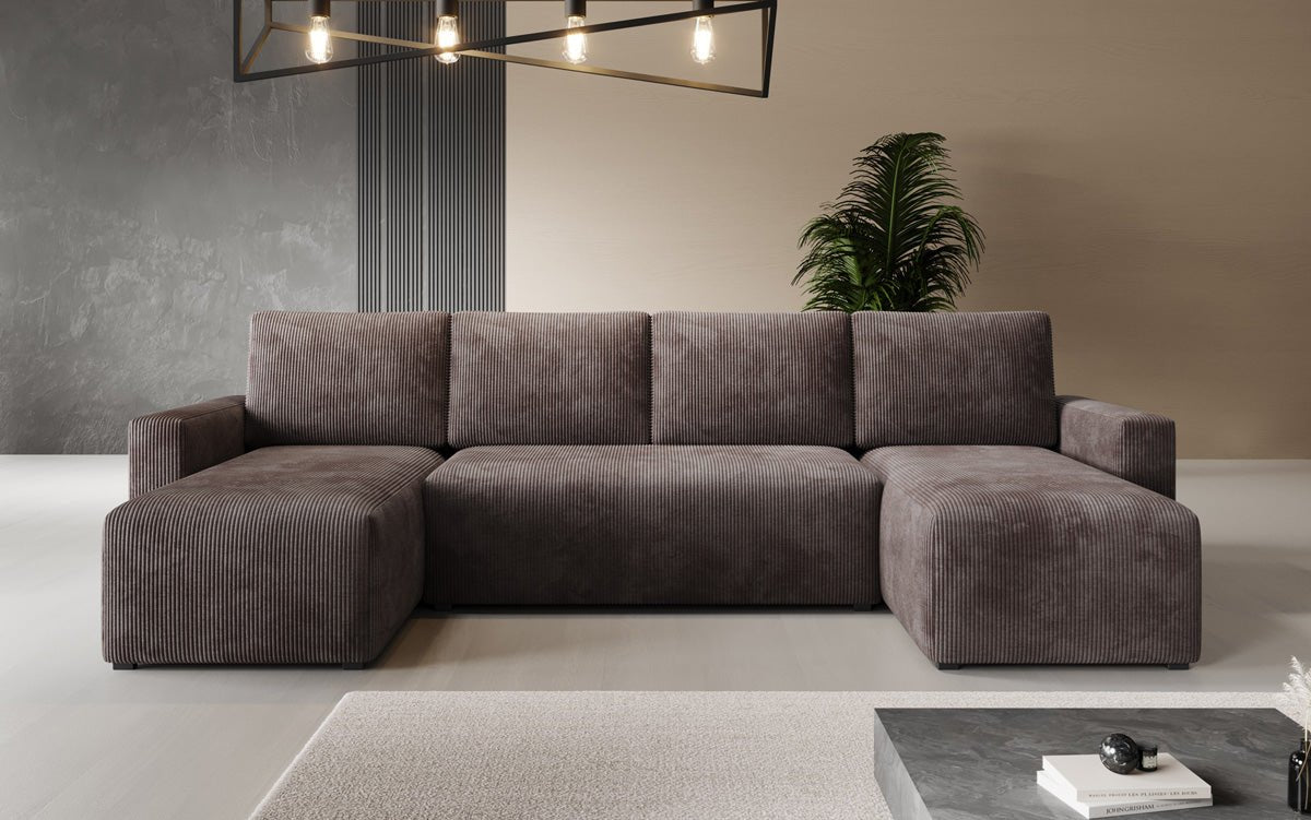 Designer Sofa Melva U with sleeping and folding function in corduroy