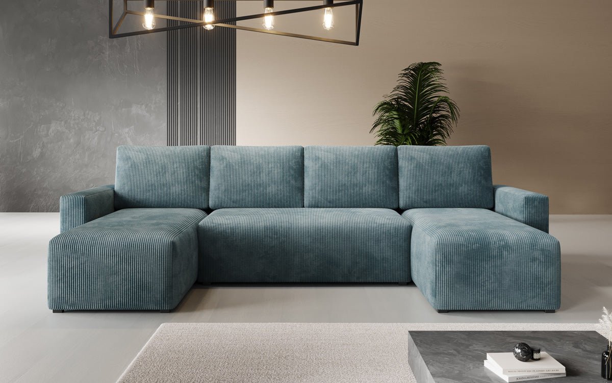 Designer Sofa Melva U with sleeping and folding function in corduroy