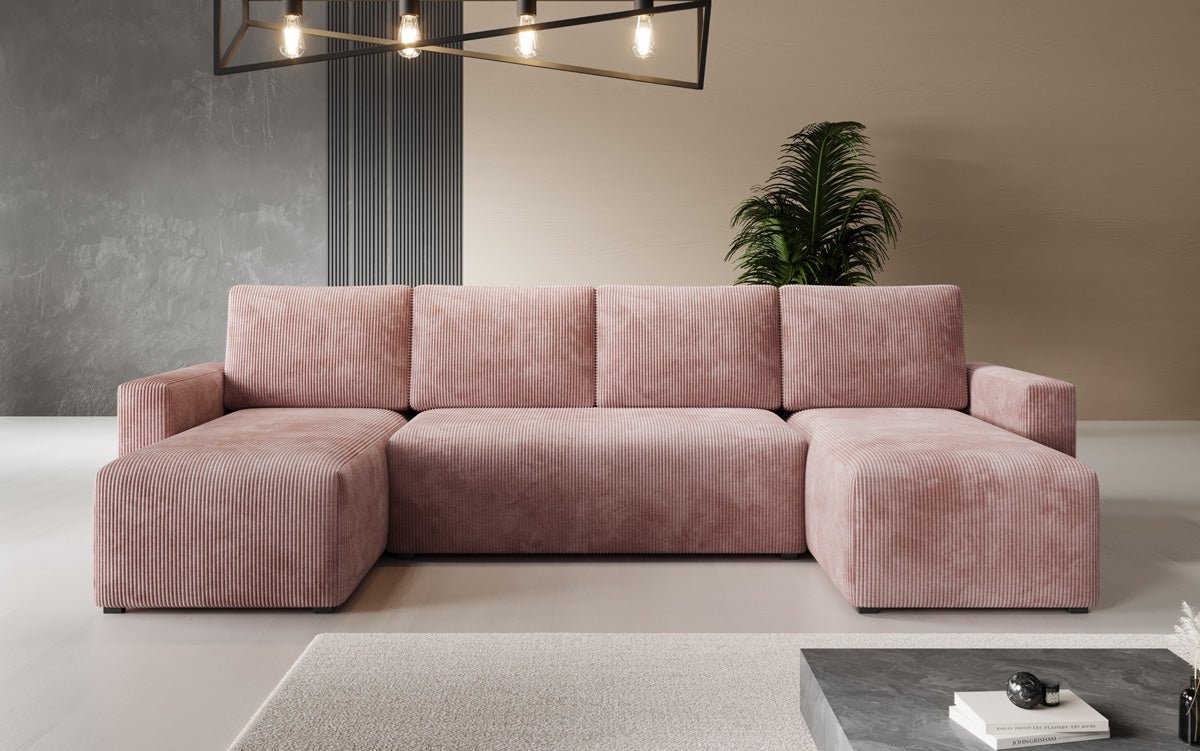Designer Sofa Melva U with sleeping and folding function in corduroy