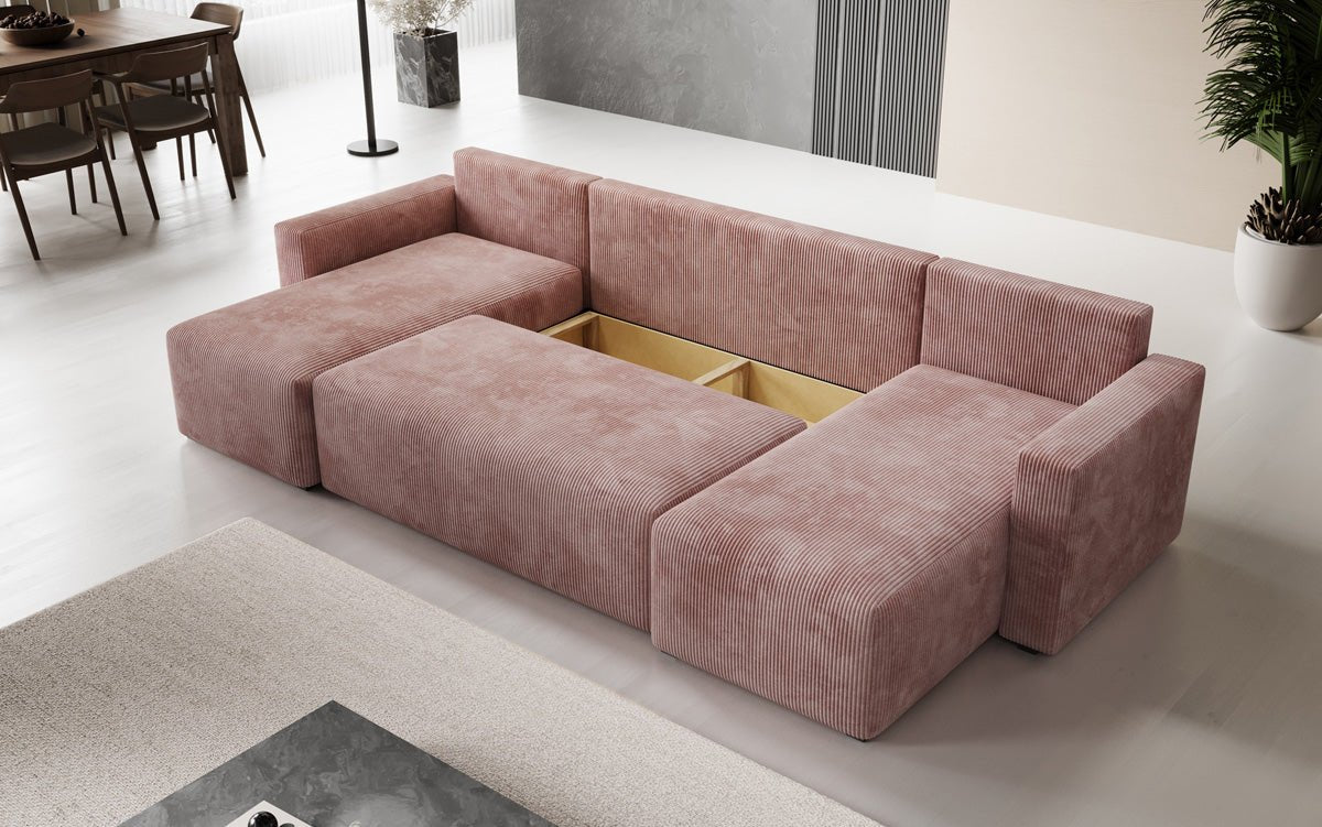 Designer Sofa Melva U with sleeping and folding function in corduroy