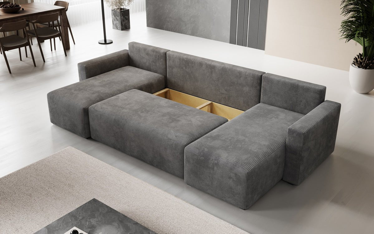 Designer Sofa Melva U with sleeping and folding function in corduroy