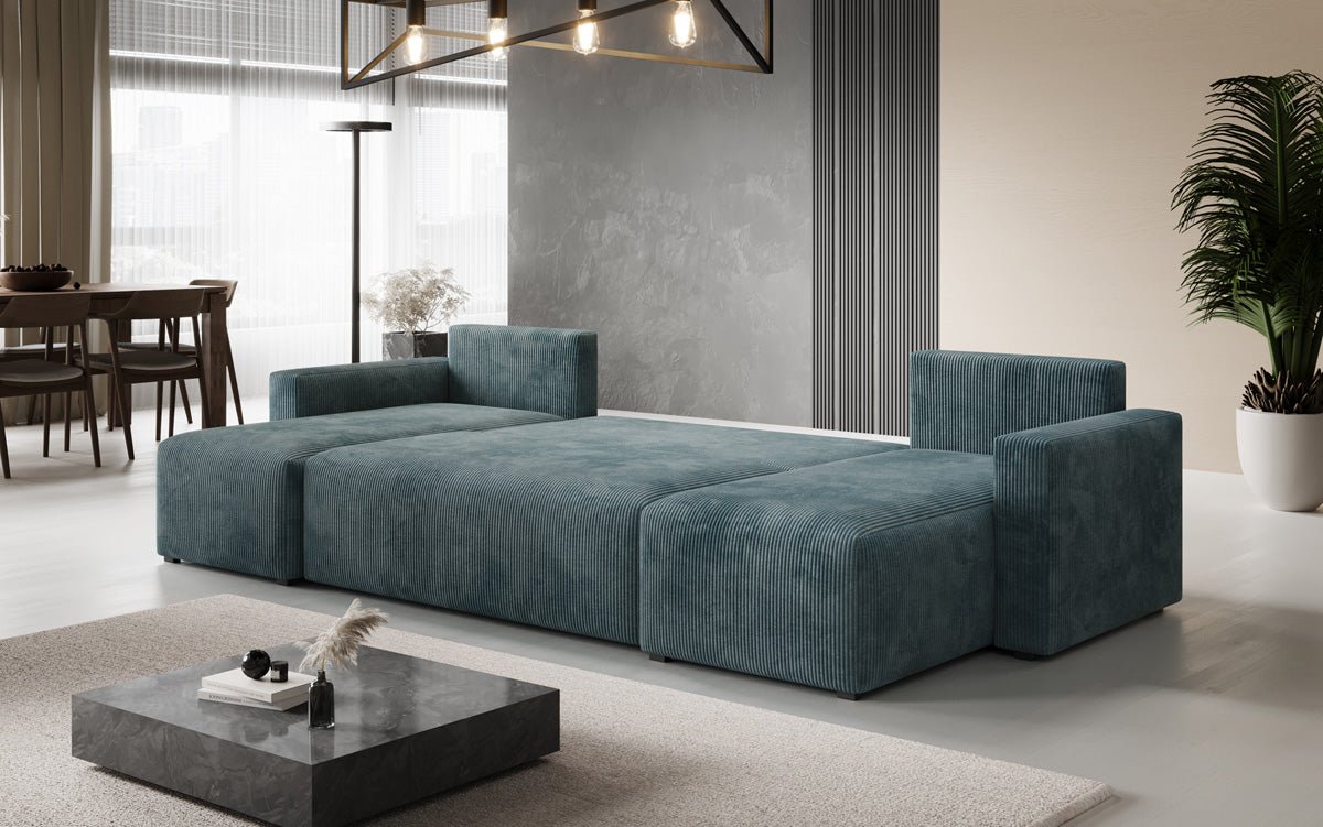 Designer Sofa Melva U with sleeping and folding function in corduroy