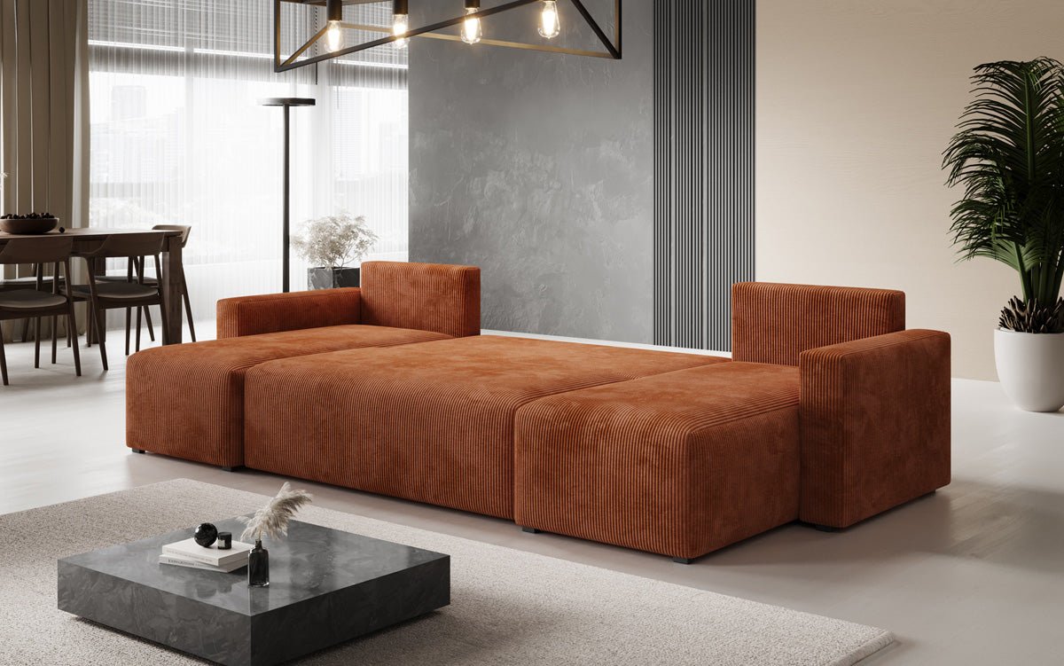 Designer Sofa Melva U with sleeping and folding function in corduroy
