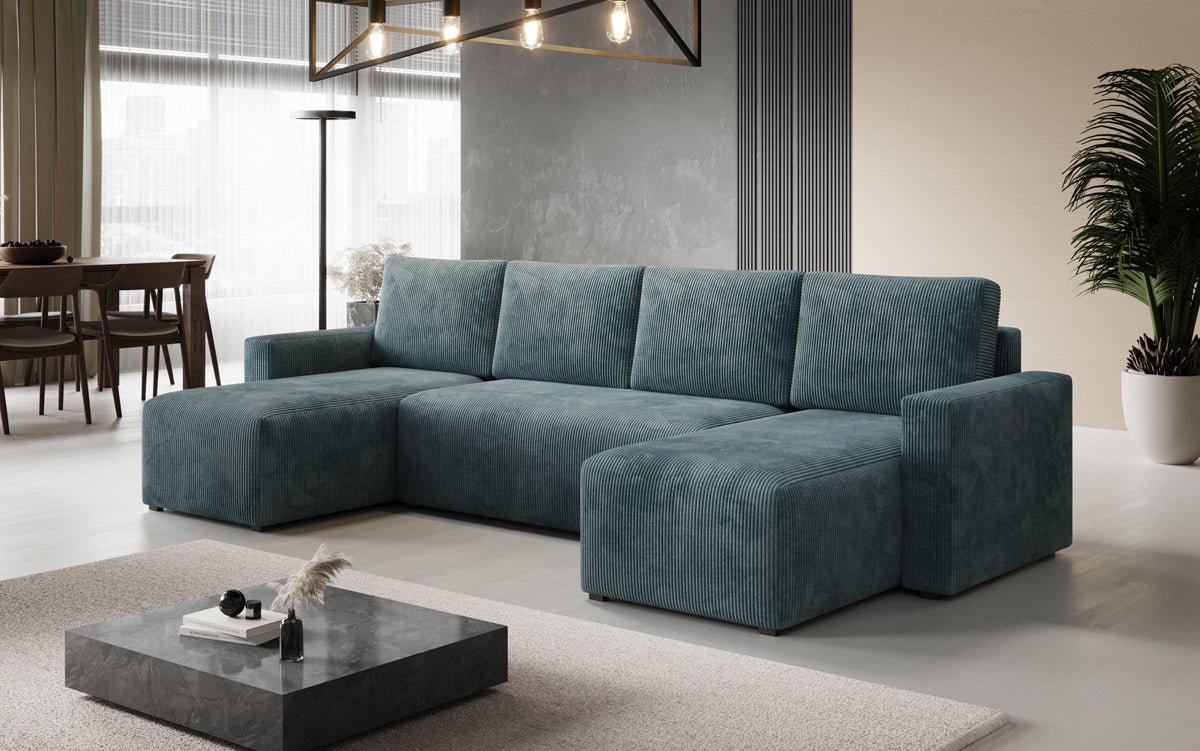 Designer Sofa Melva U with sleeping and folding function in corduroy