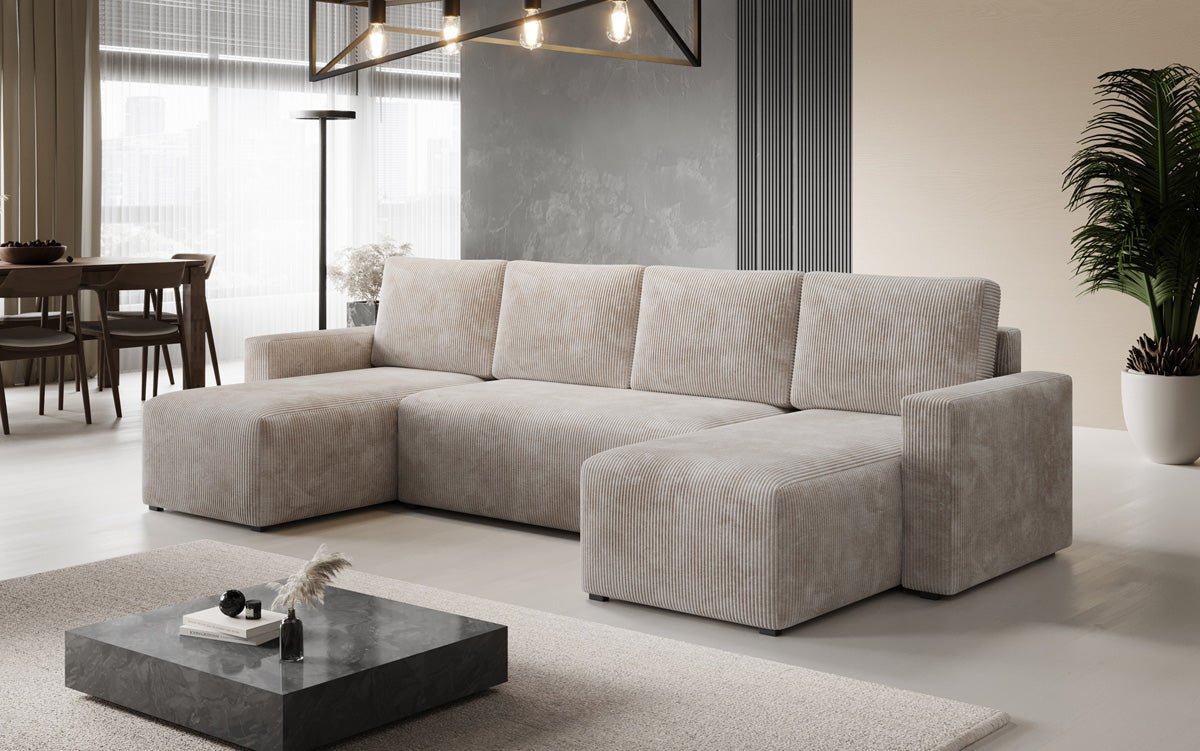 Designer Sofa Melva U with sleeping and folding function in corduroy