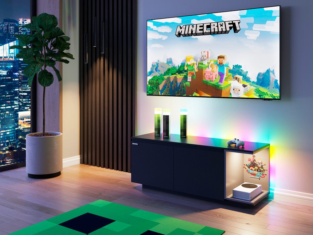 Minecraft Lowboard "BlockBase" – with doors, console compartment & LED element