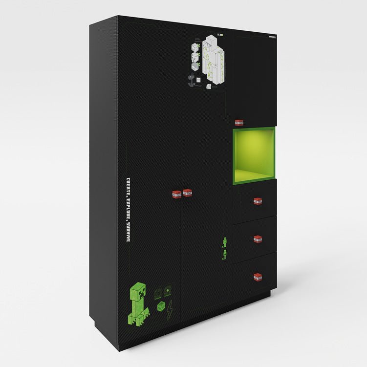Minecraft Wardrobe "CraftBox" – 3-door with drawers & open compartments