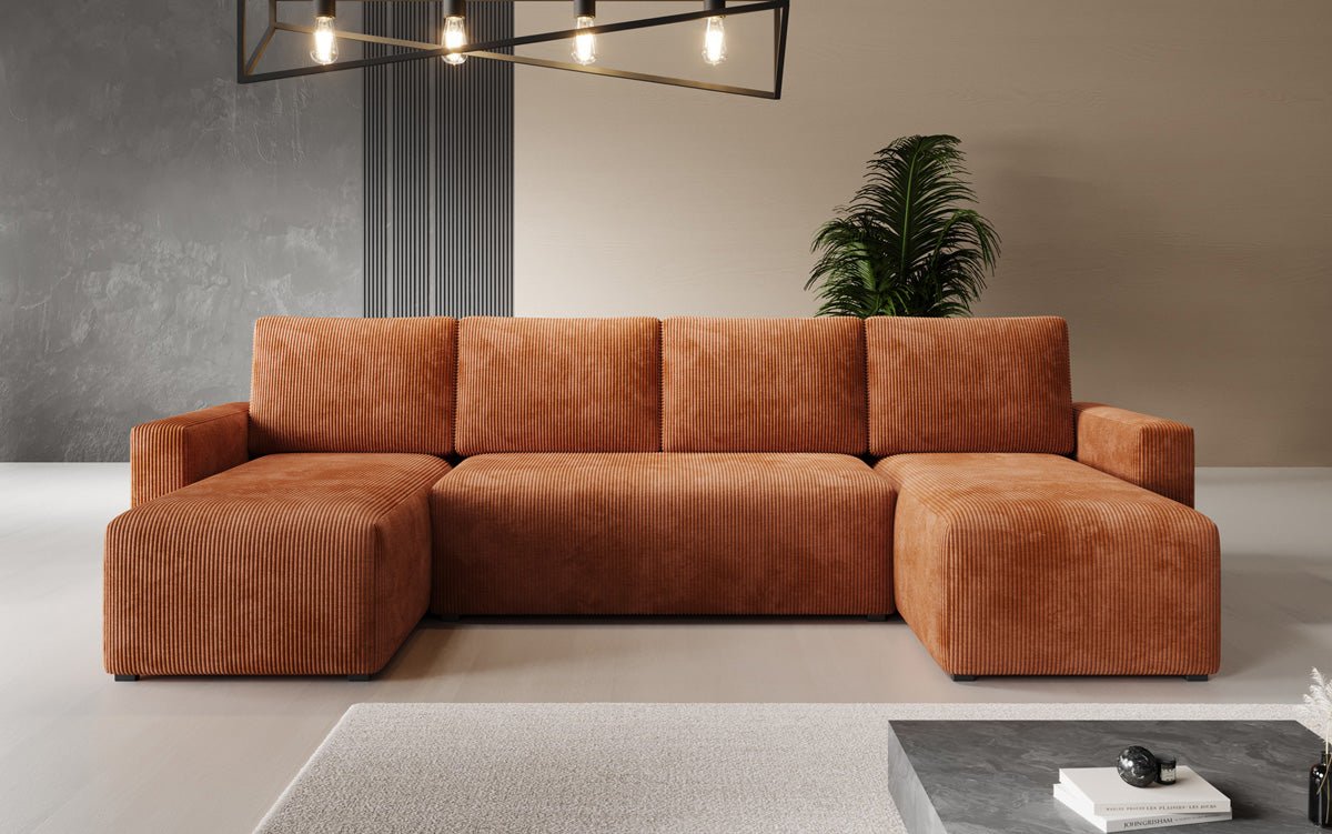 Designer Sofa Melva U with sleeping and folding function in corduroy