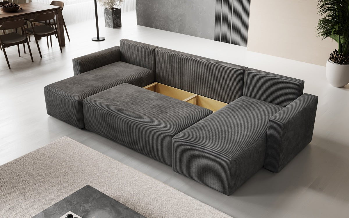 Designer Sofa Melva U with sleeping and folding function in corduroy