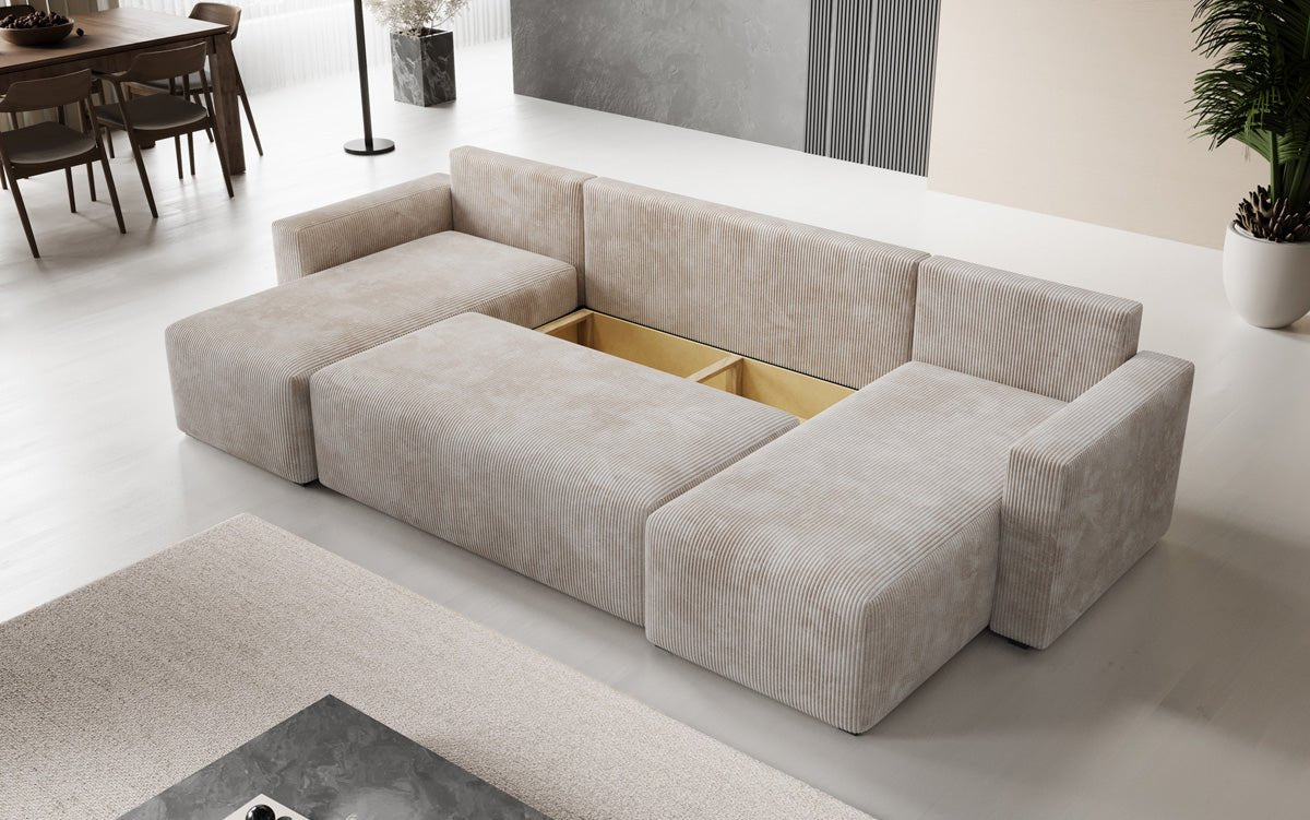 Designer Sofa Melva U with sleeping and folding function in corduroy