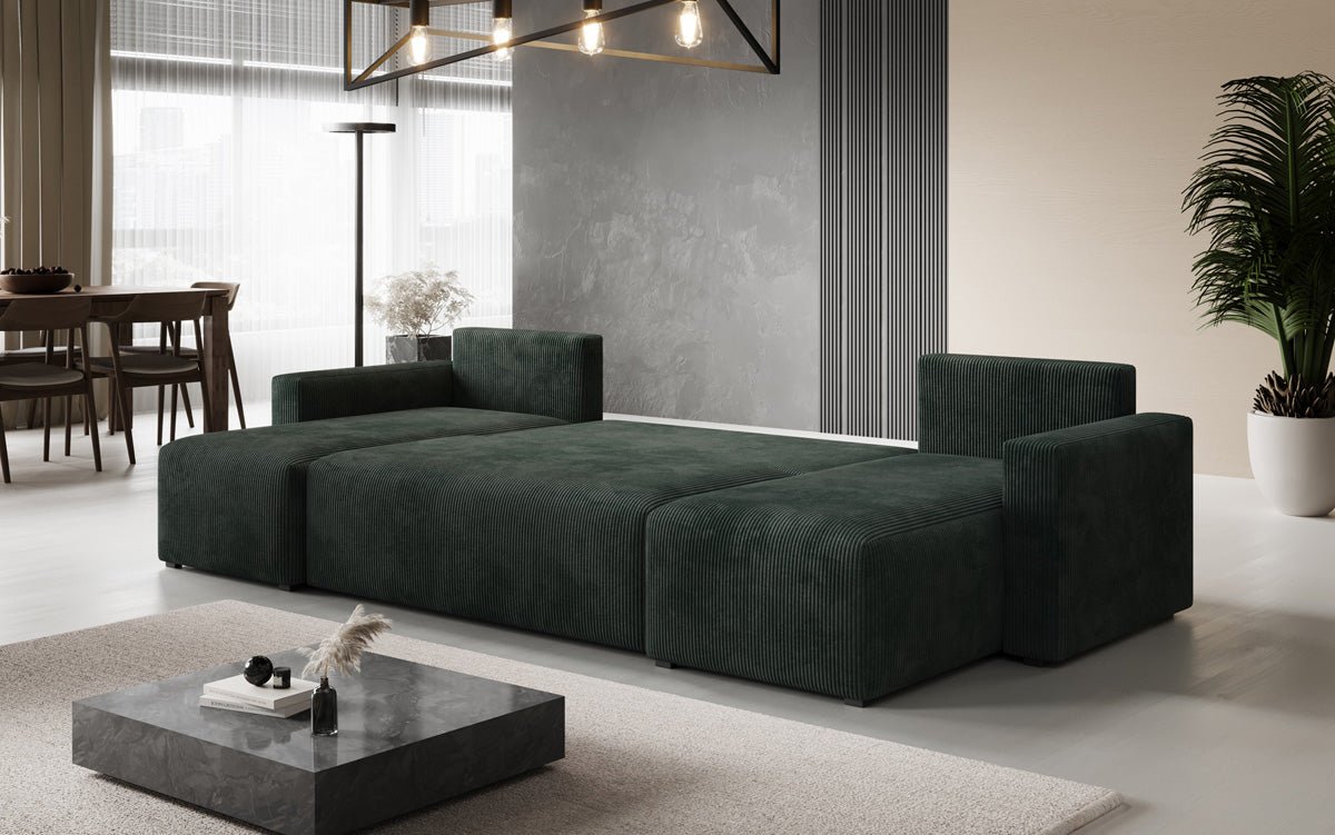 Designer Sofa Melva U with sleeping and folding function in corduroy