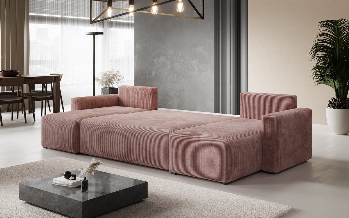 Designer Sofa Melva U with sleeping and folding function in corduroy