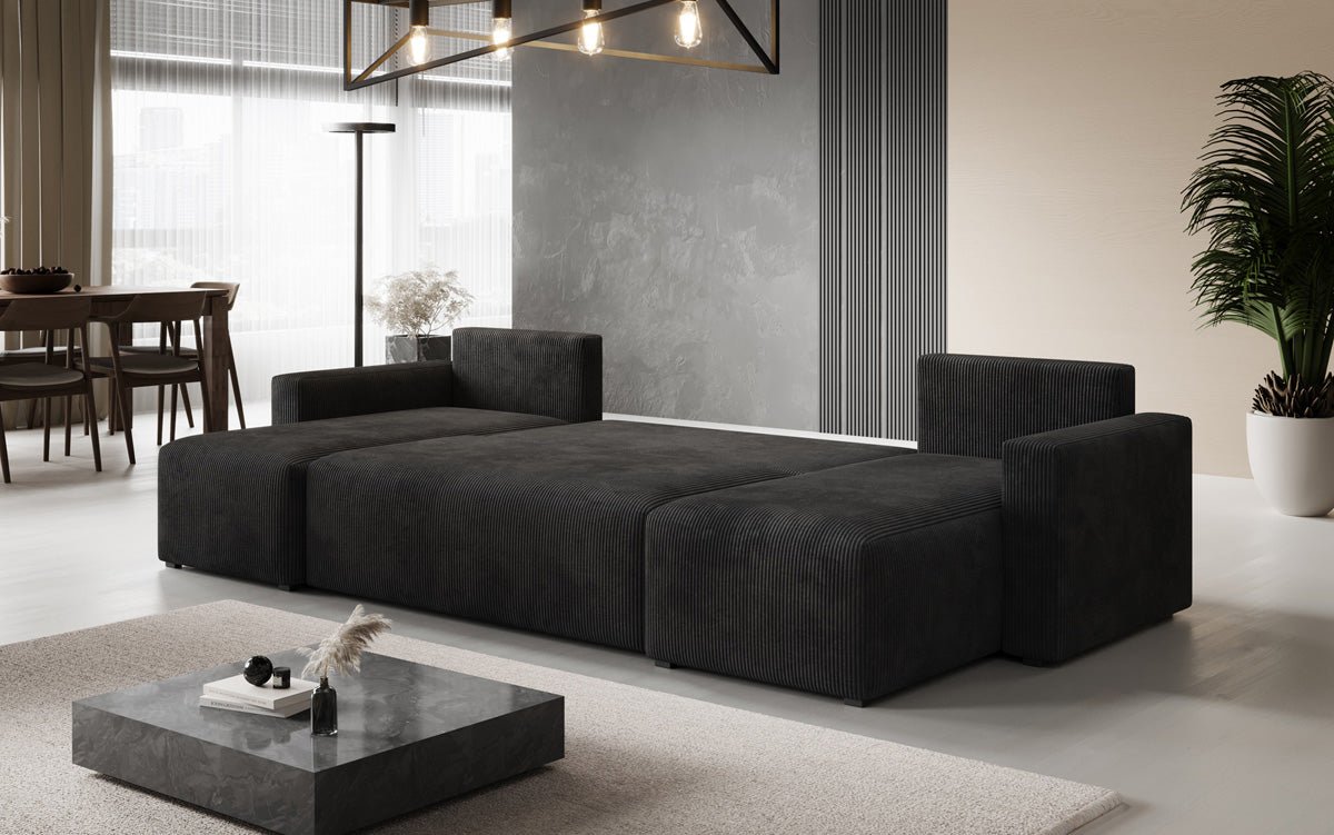Designer Sofa Melva U with sleeping and folding function in corduroy