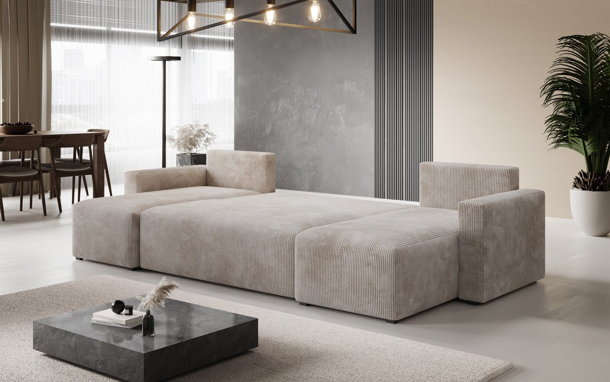 Designer Sofa Melva U with sleeping and folding function in corduroy