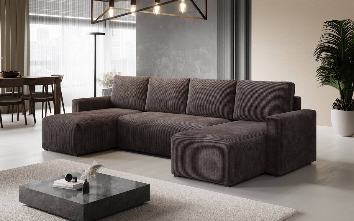 Designer Sofa Melva U with sleeping and folding function in corduroy
