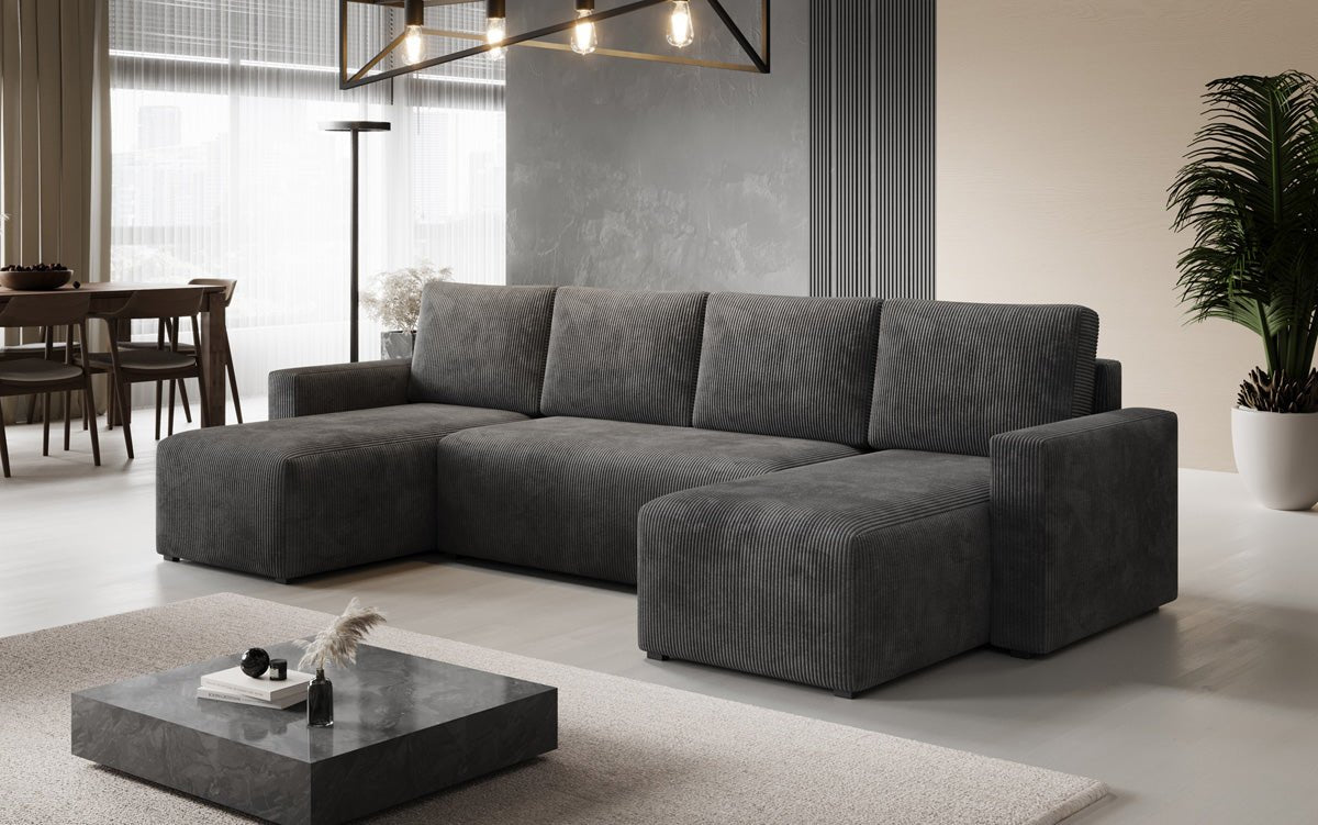Designer Sofa Melva U with sleeping and folding function in corduroy