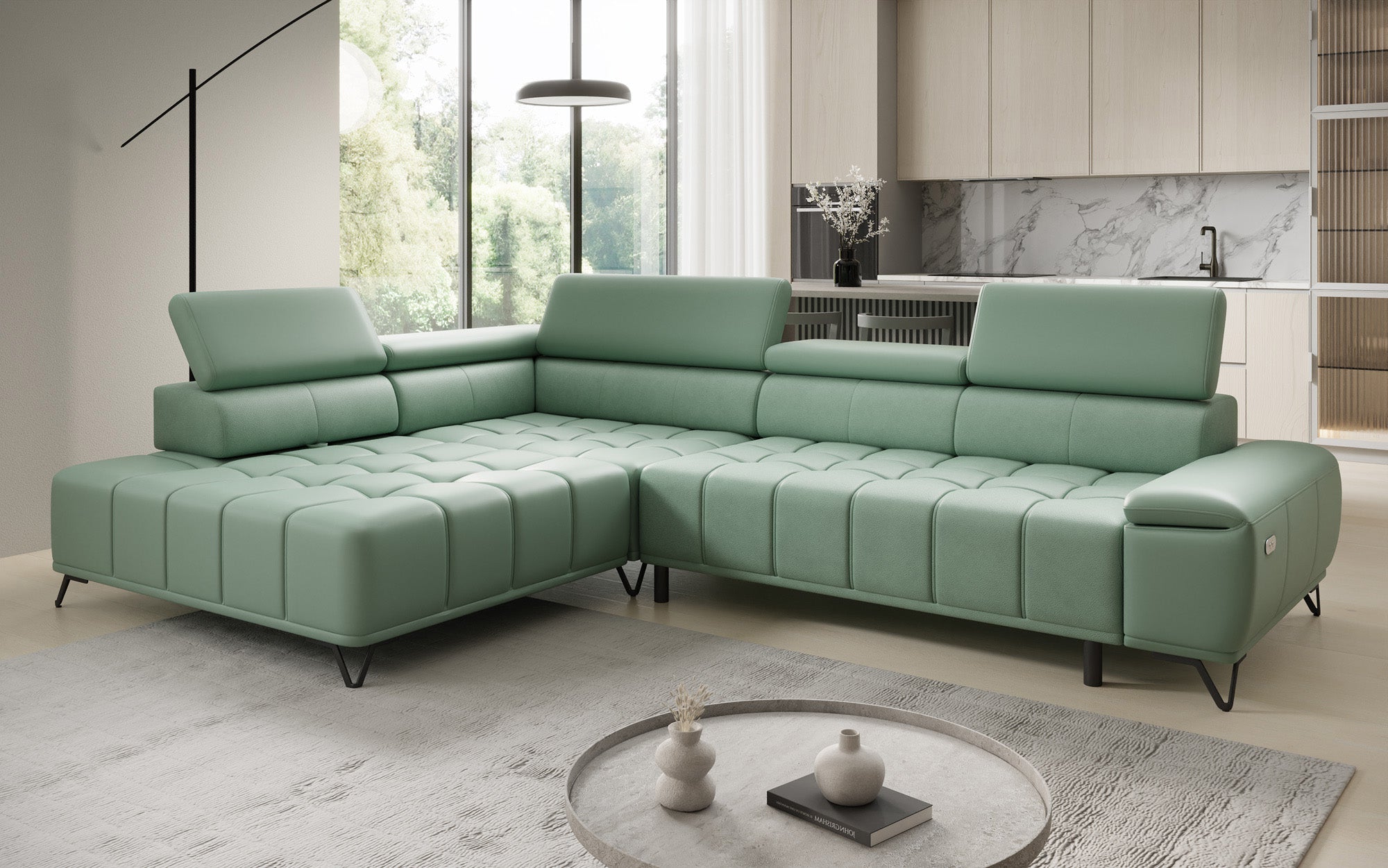 Designer L Sofa Selora with electric sleeping function and adjustable backrest in genuine leather