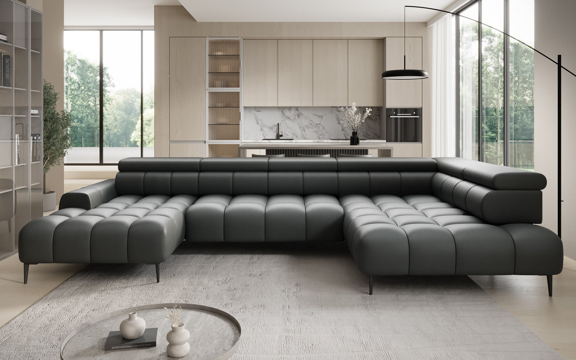 Designer sofa Ceora U with electric sleeping function and adjustable backrest in genuine leather