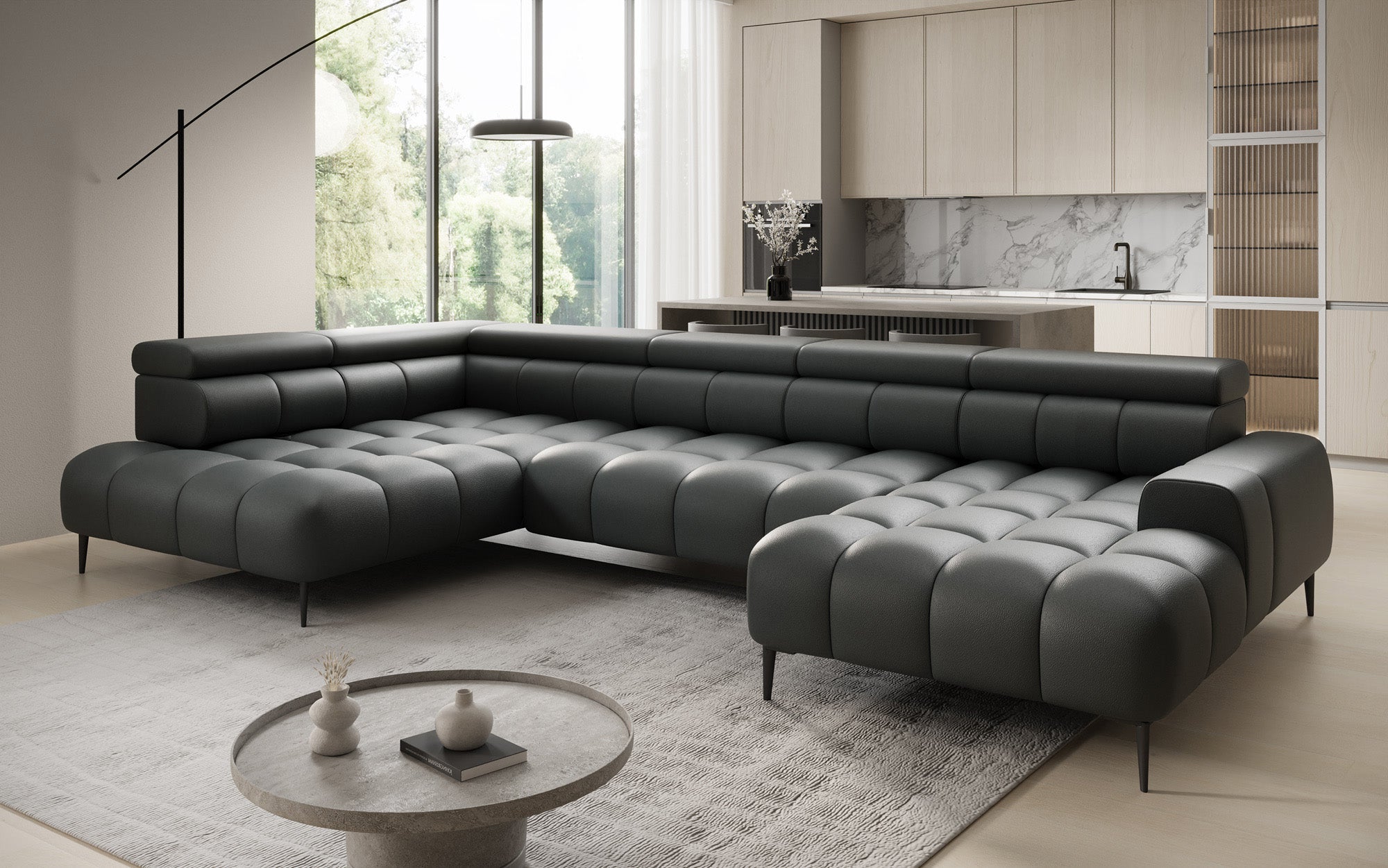 Designer sofa Ceora U with electric sleeping function and adjustable backrest in genuine leather