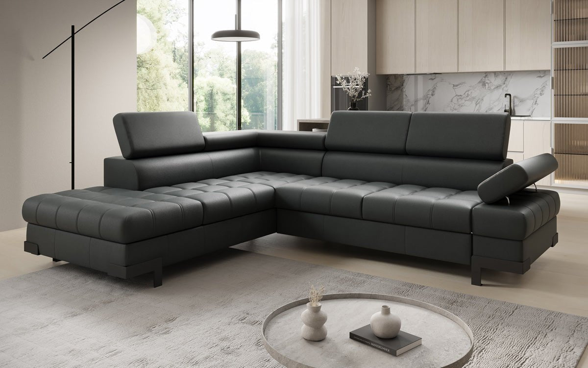 Designer L Sofa Noelia with Sleeping Function and Storage in Genuine Leather