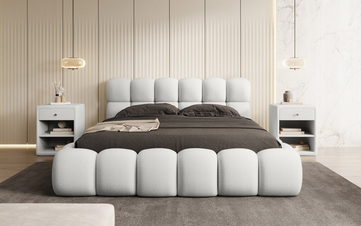 Designer Polsterbett Boston Bouclé mit Stauraum inkl. Aufbau