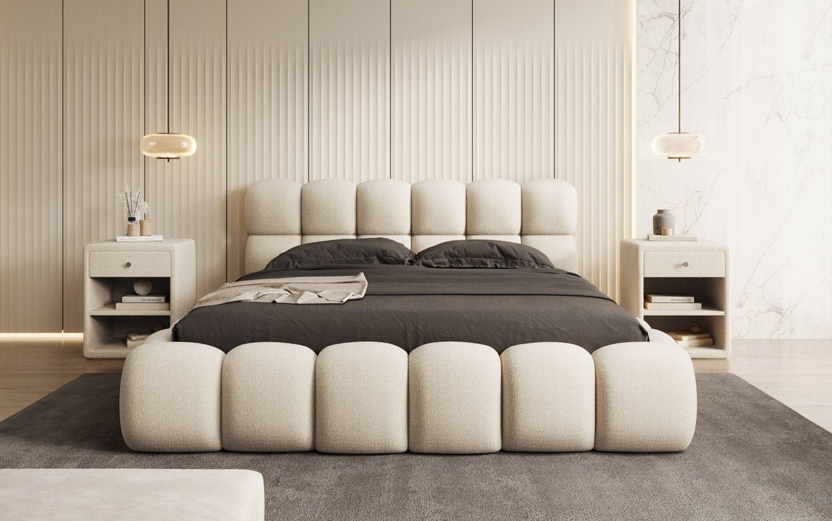 Designer Polsterbett Boston Bouclé mit Stauraum inkl. Aufbau