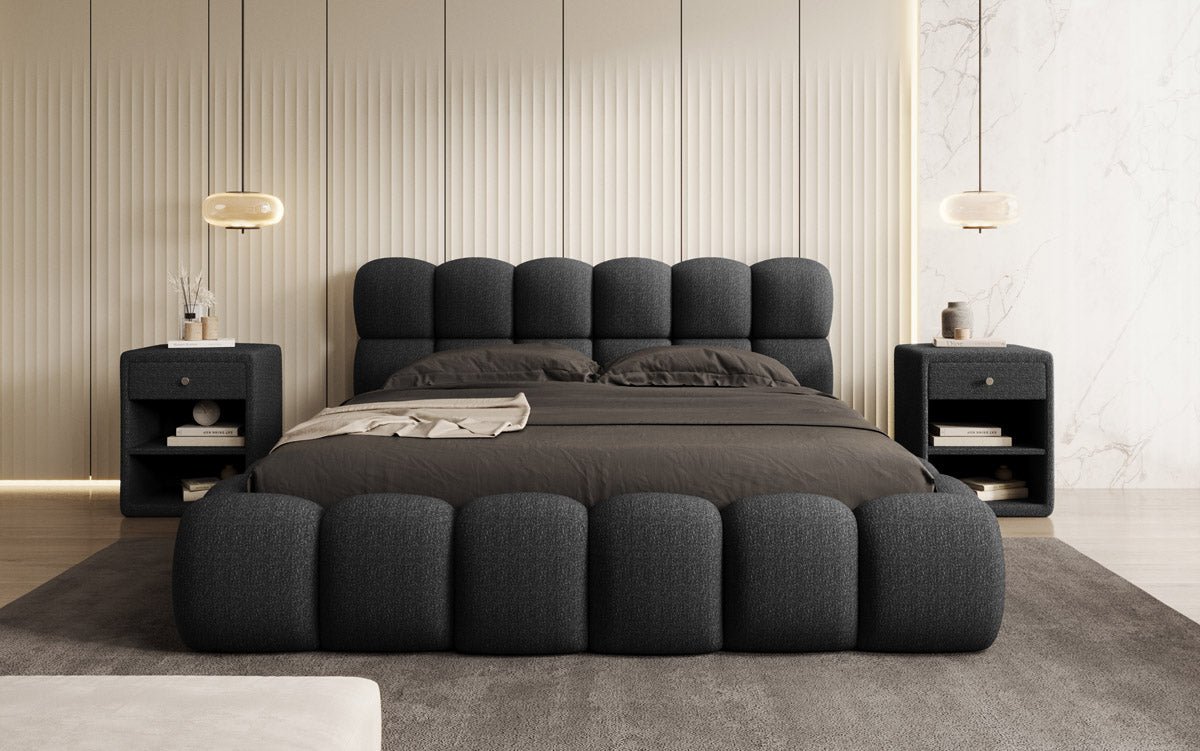 Designer Polsterbett Boston Bouclé mit Stauraum inkl. Aufbau