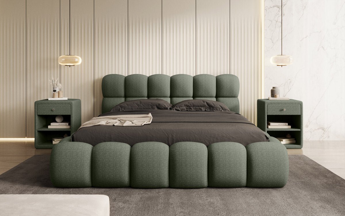 Designer Polsterbett Boston Bouclé mit Stauraum inkl. Aufbau