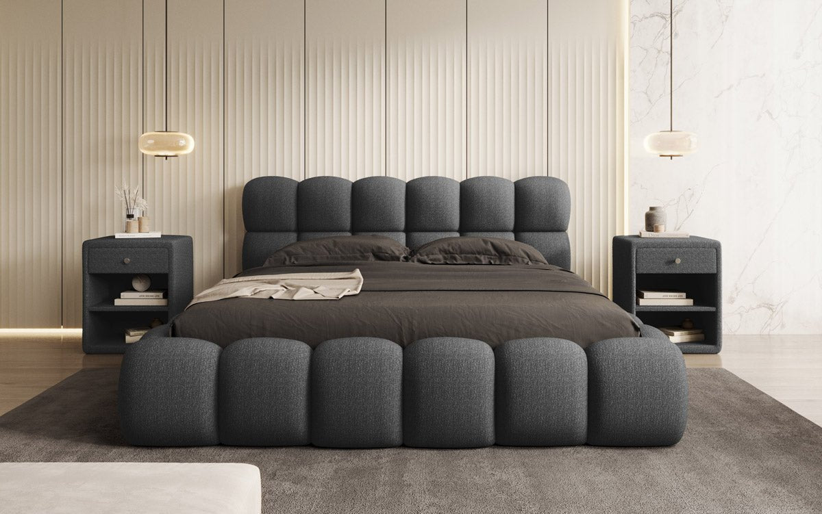 Designer Polsterbett Boston Bouclé mit Stauraum inkl. Aufbau