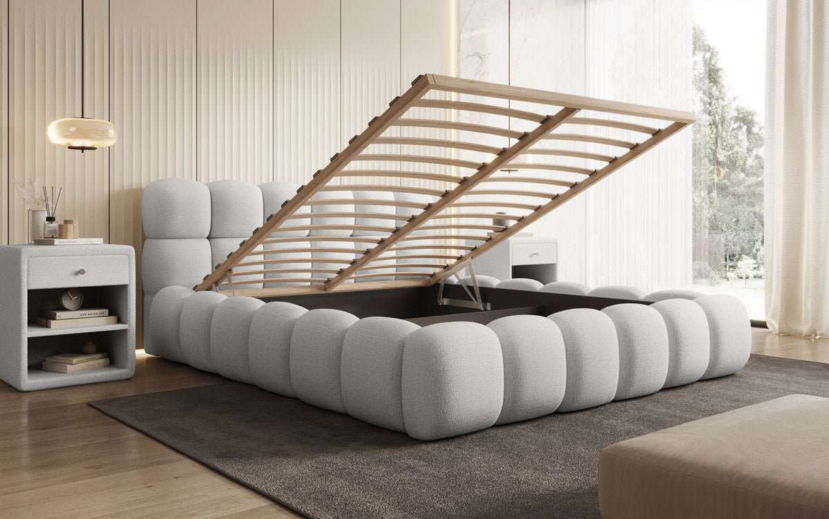 Designer Polsterbett Boston Bouclé mit Stauraum inkl. Aufbau