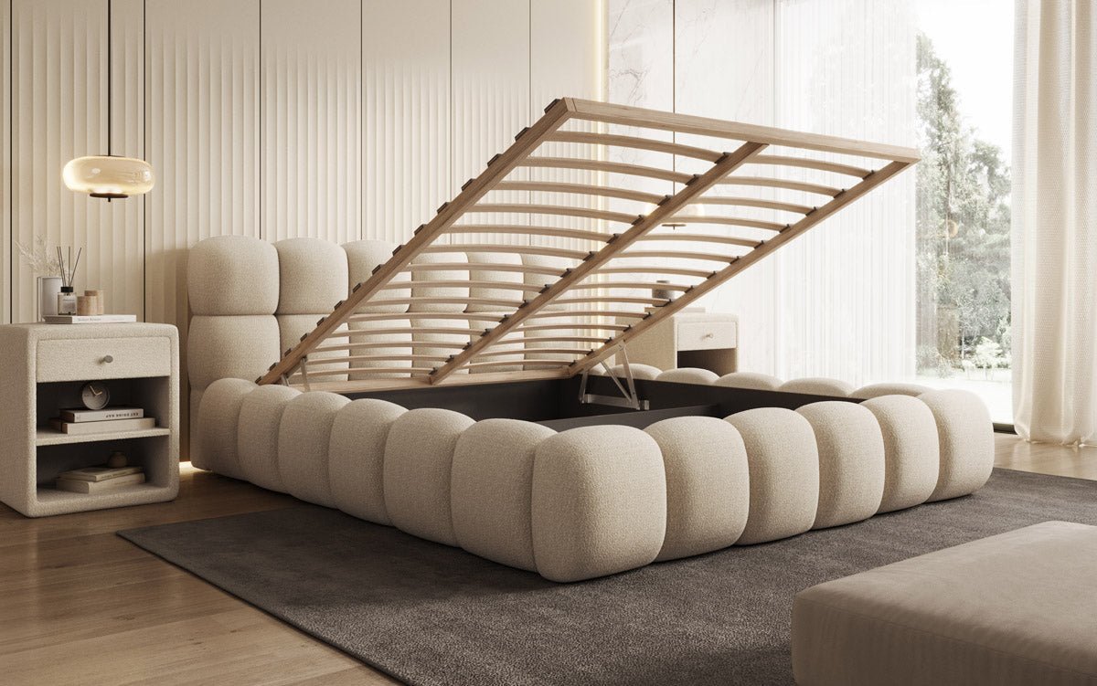Designer Polsterbett Boston Bouclé mit Stauraum inkl. Aufbau