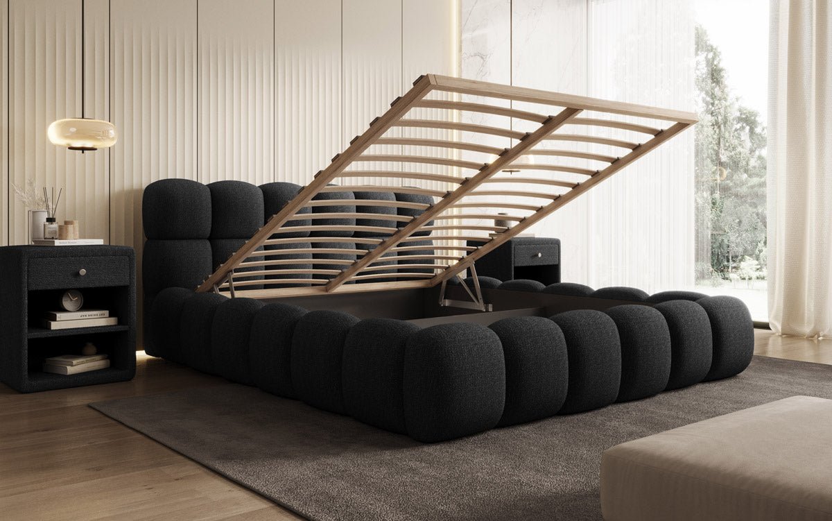 Designer Polsterbett Boston Bouclé mit Stauraum inkl. Aufbau
