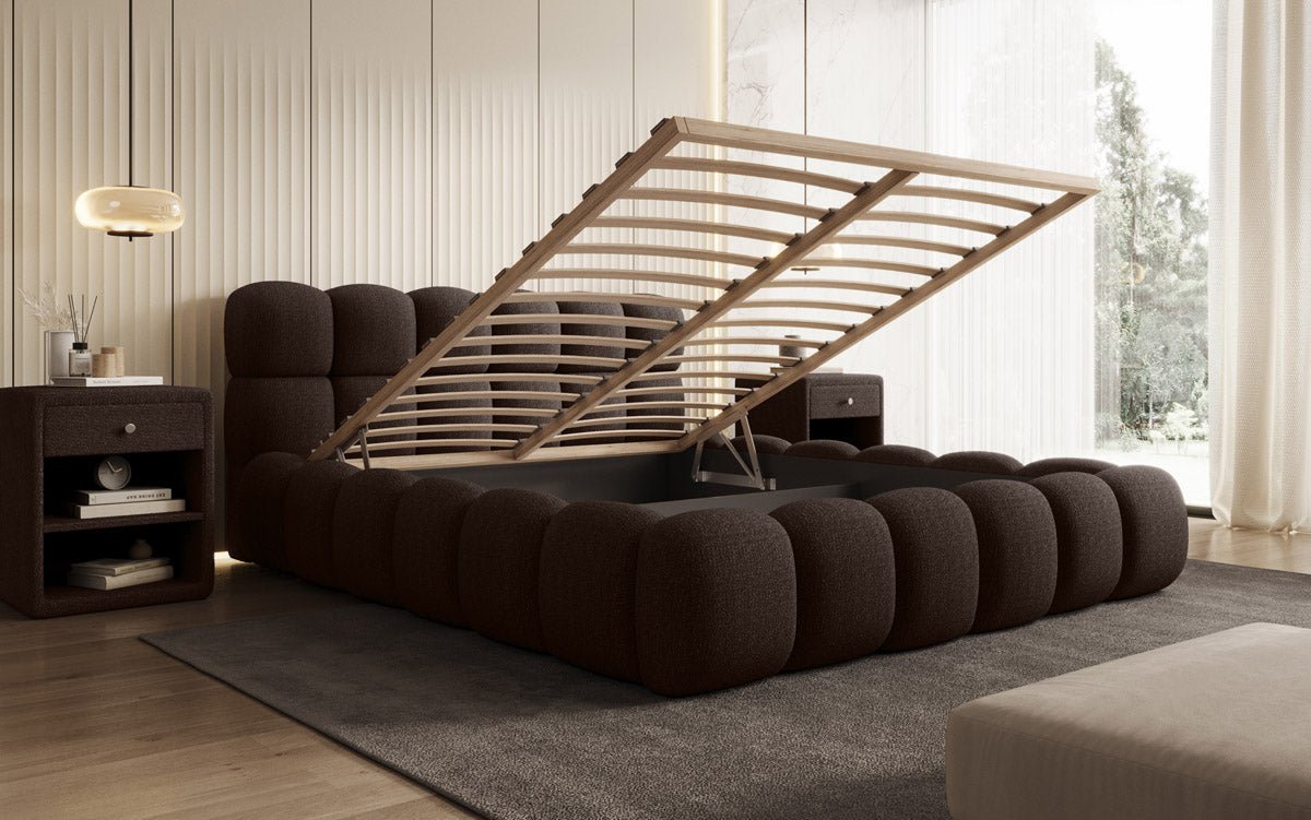 Designer Polsterbett Boston Bouclé mit Stauraum inkl. Aufbau