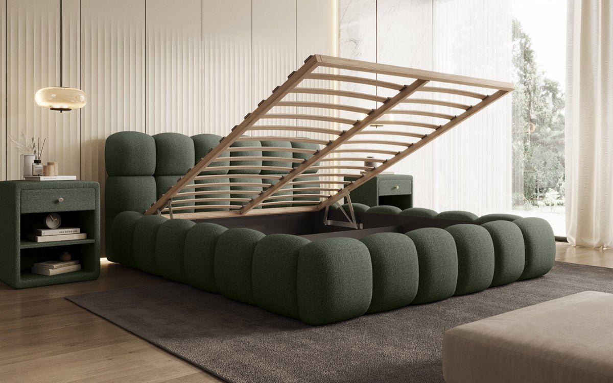 Designer Polsterbett Boston Bouclé mit Stauraum inkl. Aufbau