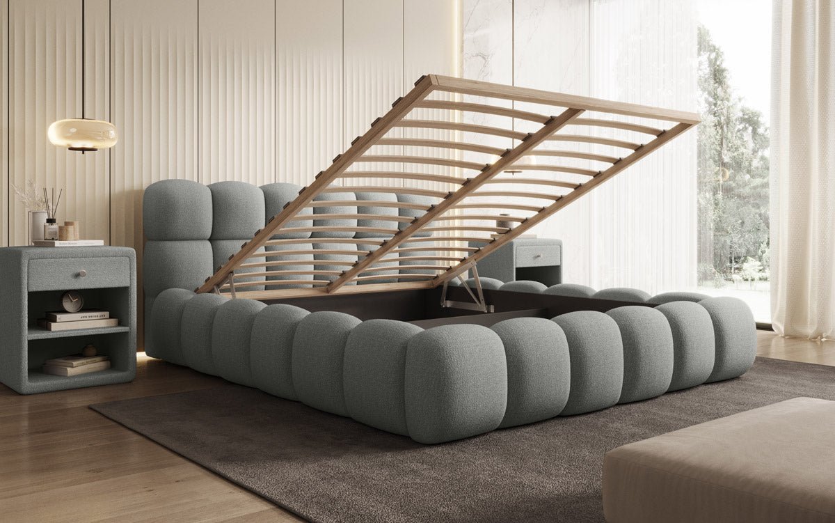 Designer Polsterbett Boston Bouclé mit Stauraum inkl. Aufbau