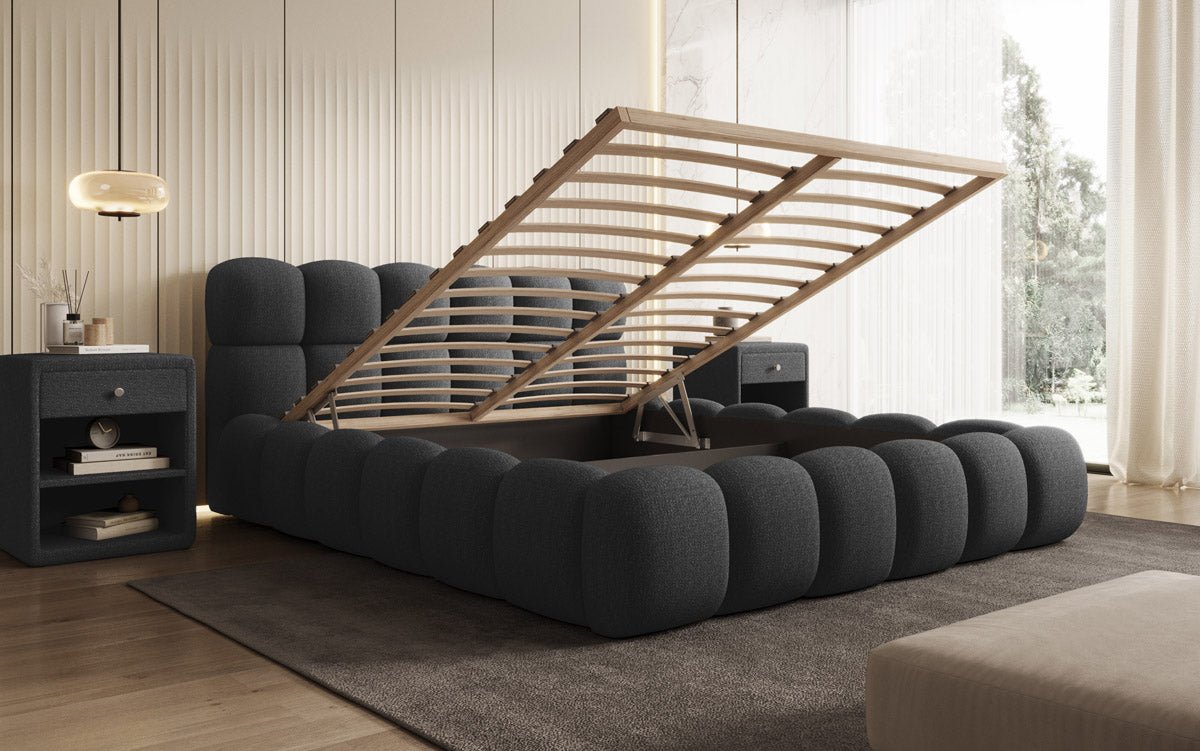 Designer Polsterbett Boston Bouclé mit Stauraum inkl. Aufbau