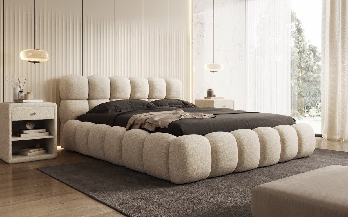 Designer Polsterbett Boston Bouclé mit Stauraum inkl. Aufbau