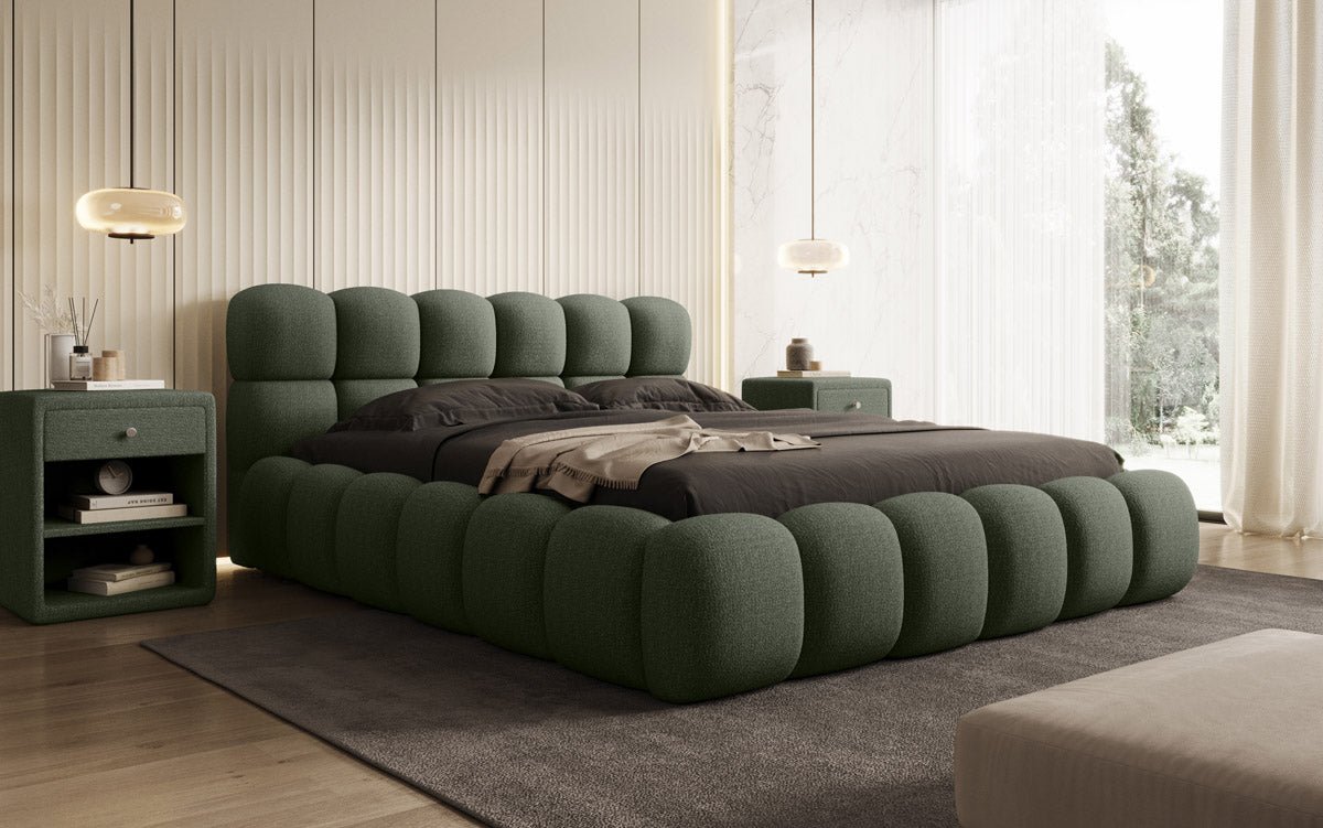 Designer Polsterbett Boston Bouclé mit Stauraum inkl. Aufbau