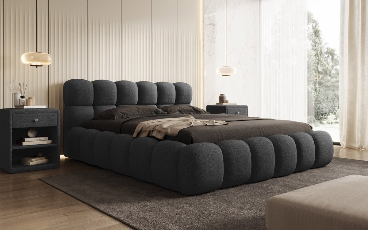 Designer Polsterbett Boston Bouclé mit Stauraum inkl. Aufbau