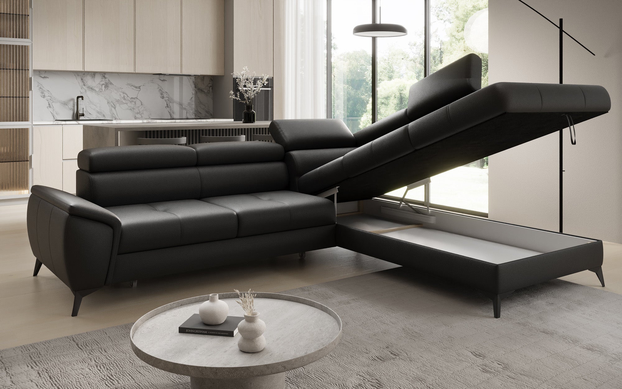 Designer L Sofa Aveline with Sleeping Function and Storage in Genuine Leather
