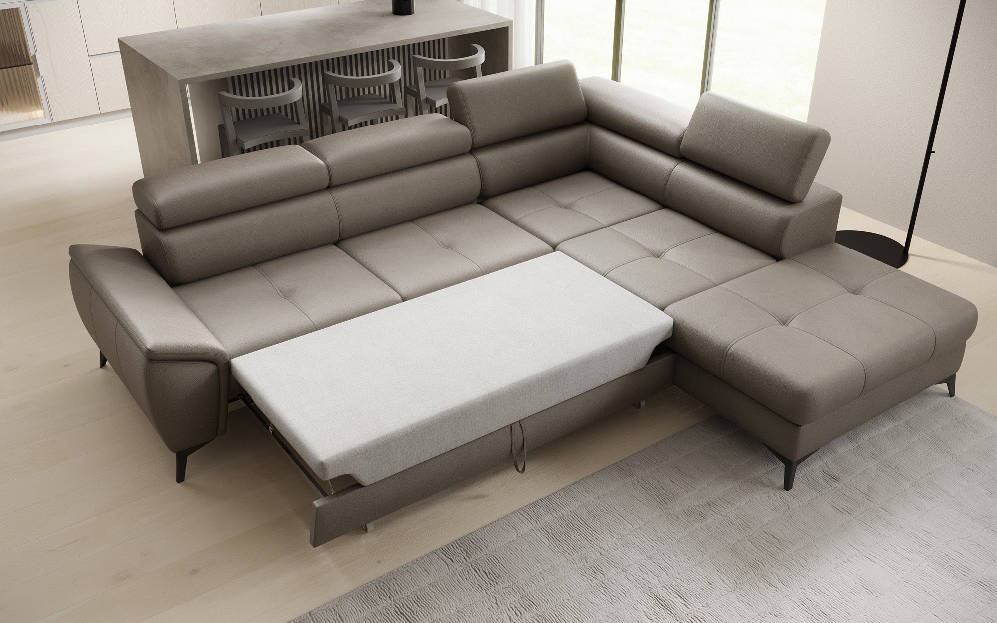 Designer L Sofa Aveline with Sleeping Function and Storage in Genuine Leather
