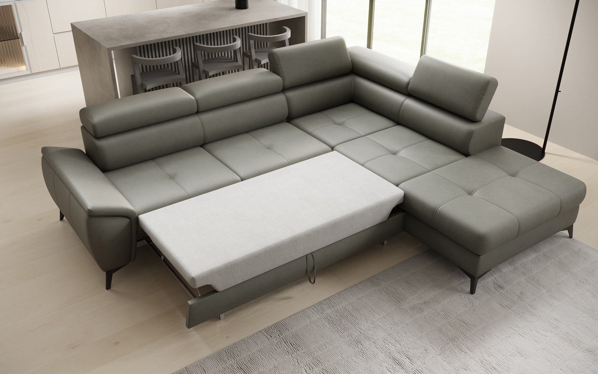 Designer L Sofa Aveline with Sleeping Function and Storage in Genuine Leather