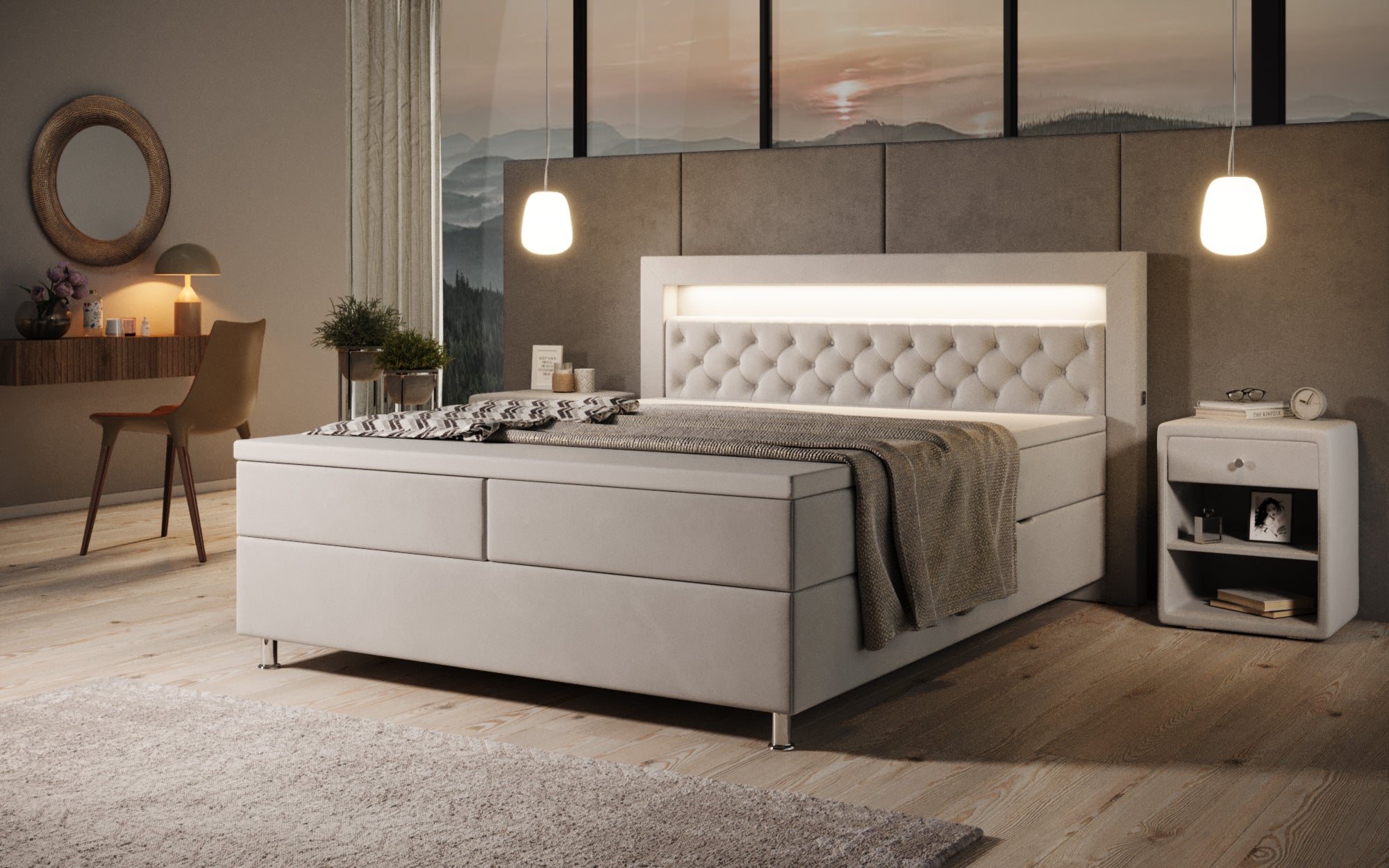 Boxspringbett Troja mit RGB, USB und Stauraum